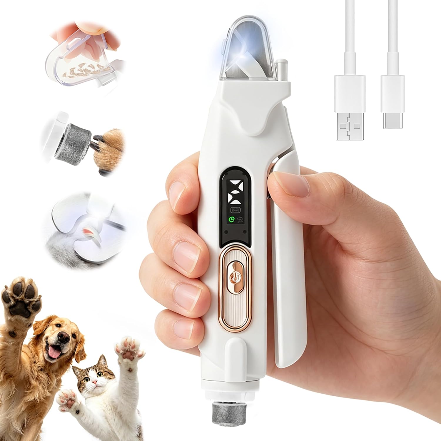 2-in-1 Quiet Electric Pet Nail Clipper & Grinder with Light for Dogs Cats | Dual LED Lights,2-Speed Grinder,Nail Clipping Splash Guard,Type-C Rechargeable,Quiet Design for Anxious Dogs & Cats