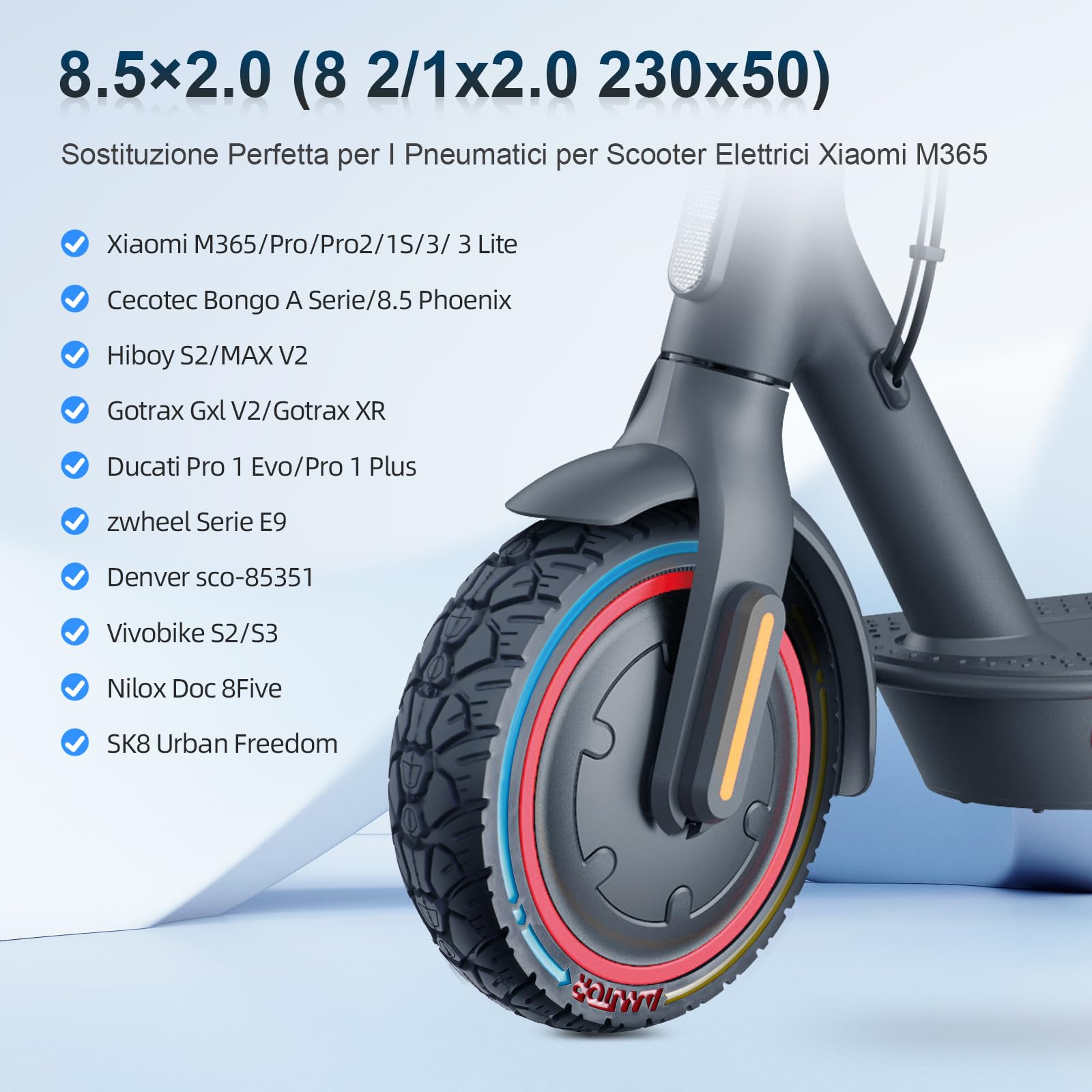 8,5 × 2,0 (230 × 50) Pneumatico in gomma piena 8 2/1 x 2,0 8,5" solidi per scooter elettrico Xiaomi M365 1S, Pro/Gotrax XR Pneumatico di ricambio completo antiscivolo antiforatura (2 pezzi)