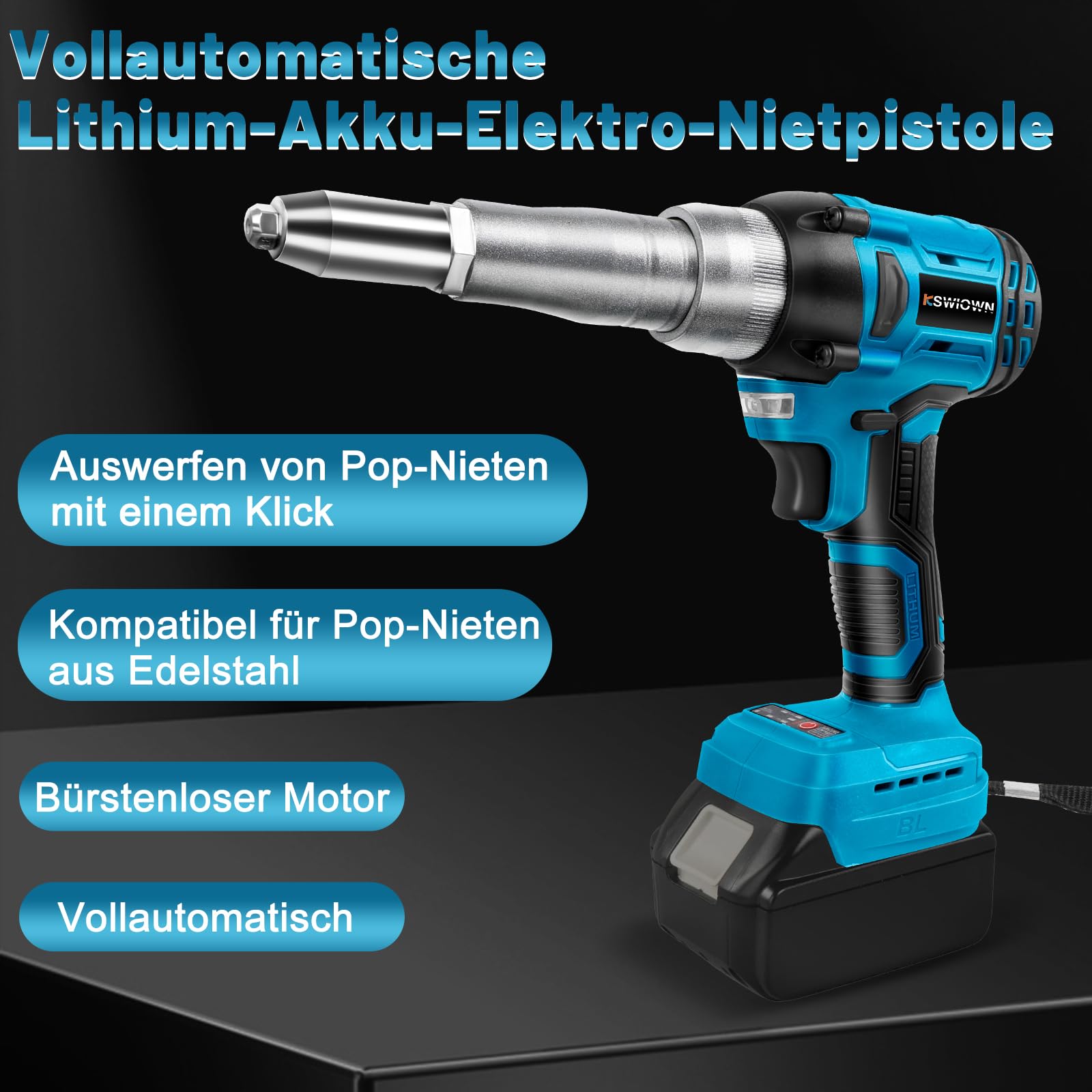 Rivettatrice A Batteria per Makita 18V, 20KN Rivet Gun Brushless Elettrico Pop Rivet Pinze, LED Automatico Rivetto Dado Strumento Manuale con 180 Rivetti, 2,5-4,8 mm (Senza Batteria