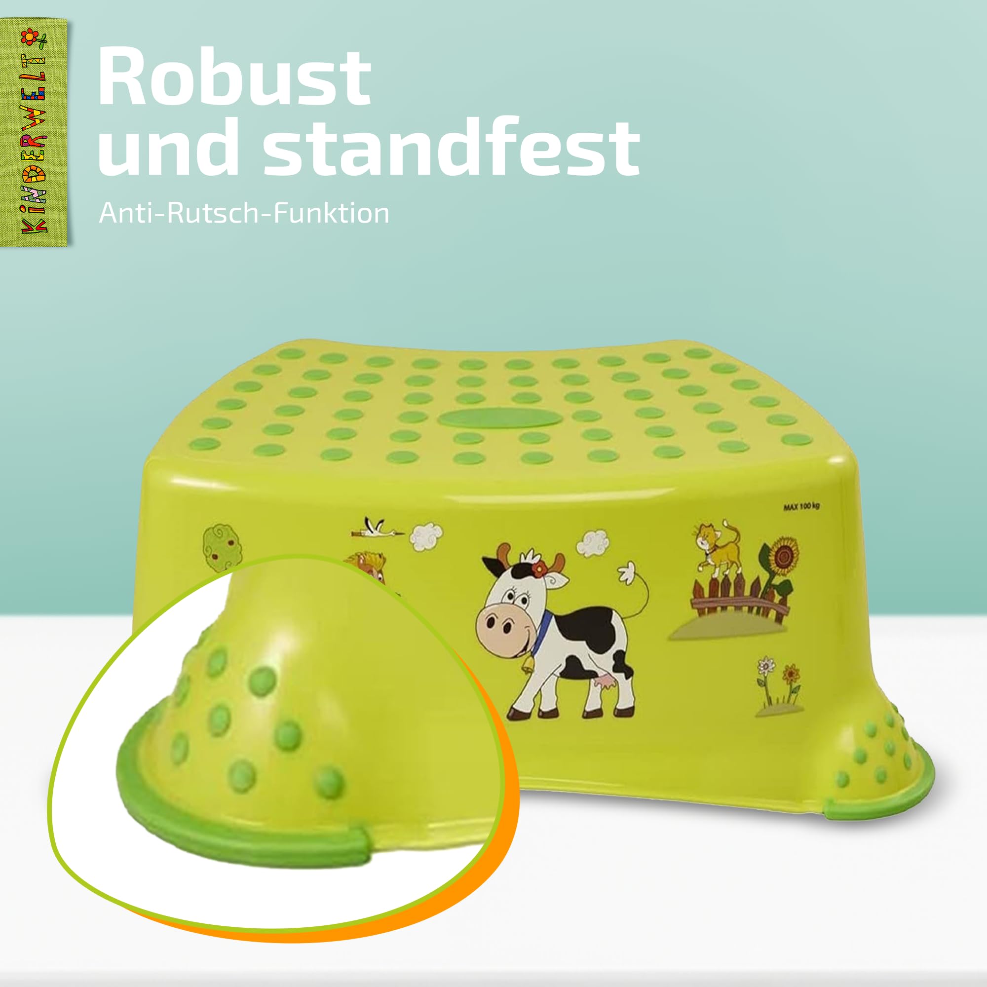KiNDERWELT Premium Tritthocker für Kinder und Babys, Bauernhof Design in Grün, Tritthocker Stufe für Kleinkinder ab 18 Monaten, abwischbar, rutschfest und BPA-frei