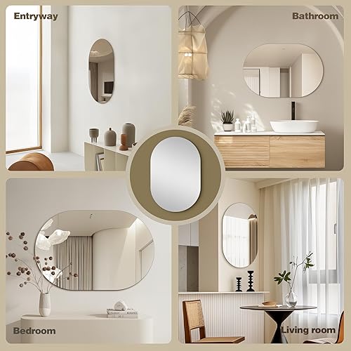 Miniatura 8 de Espejo de pared sin marco de 36 x 24 pulgadas, moderno espejo de baño con forma de cápsula con borde pulido, colgar horizontal o verticalmente, para
