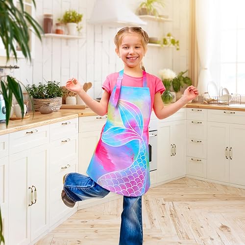 Miniatura 2 de Sylfairy Delantales para niños y niñas, delantal de unicornio arcoíris para niños, delantales de cocina para chef (sirena, mediano, 6-12 años)