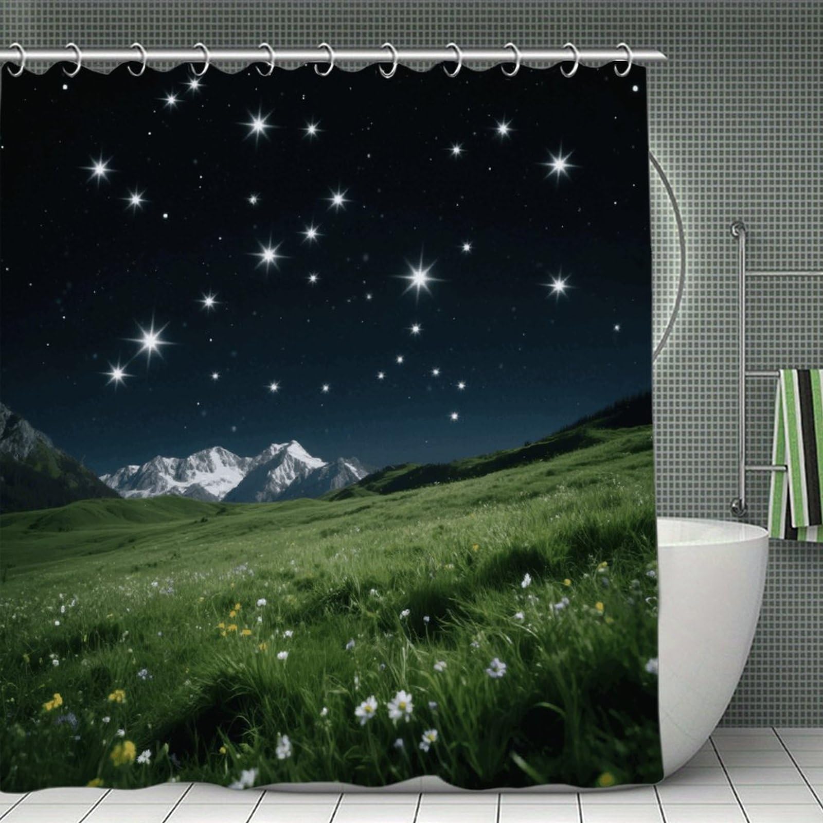 VstaDank Alpine Meadow Stars Shower Curtain Waterproof Bathroom Shower Curtain with C Type Hooks Soft Lightweight Shower Curtains Liner Washable Polyester Cloth Shower Liner 71x71 Inch