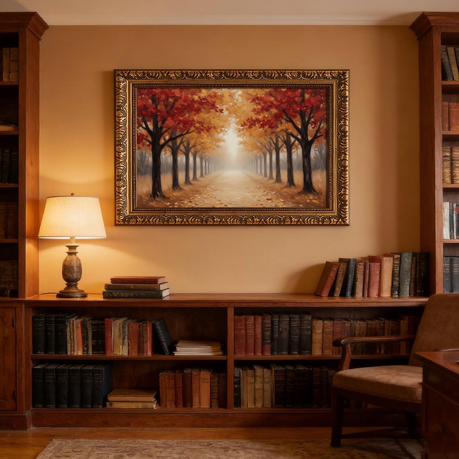 Mnyuein Póster de paisaje de bosque otoñal, 3 lienzos, decoración de pared, pinturas para sala de estar, dormitorio, marco dorado retro, 61 cm de largo x 91 cm de ancho