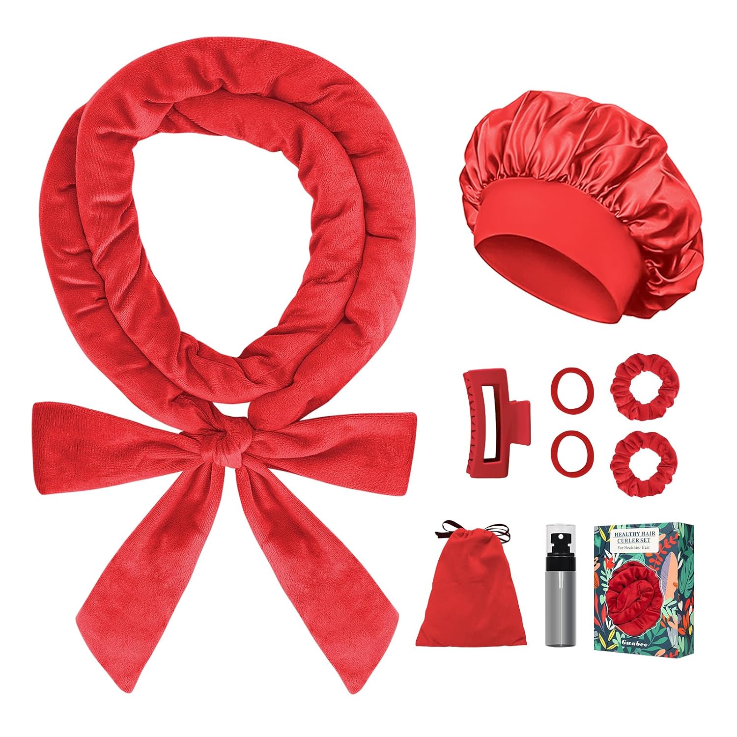 Gwabee No Heat Hair Curlers Overnight Curls Headband - 70" Soft Ribbon Curl Wrap for Long Hair, 9 PCS Curling Rod Set with Bonnet - Black