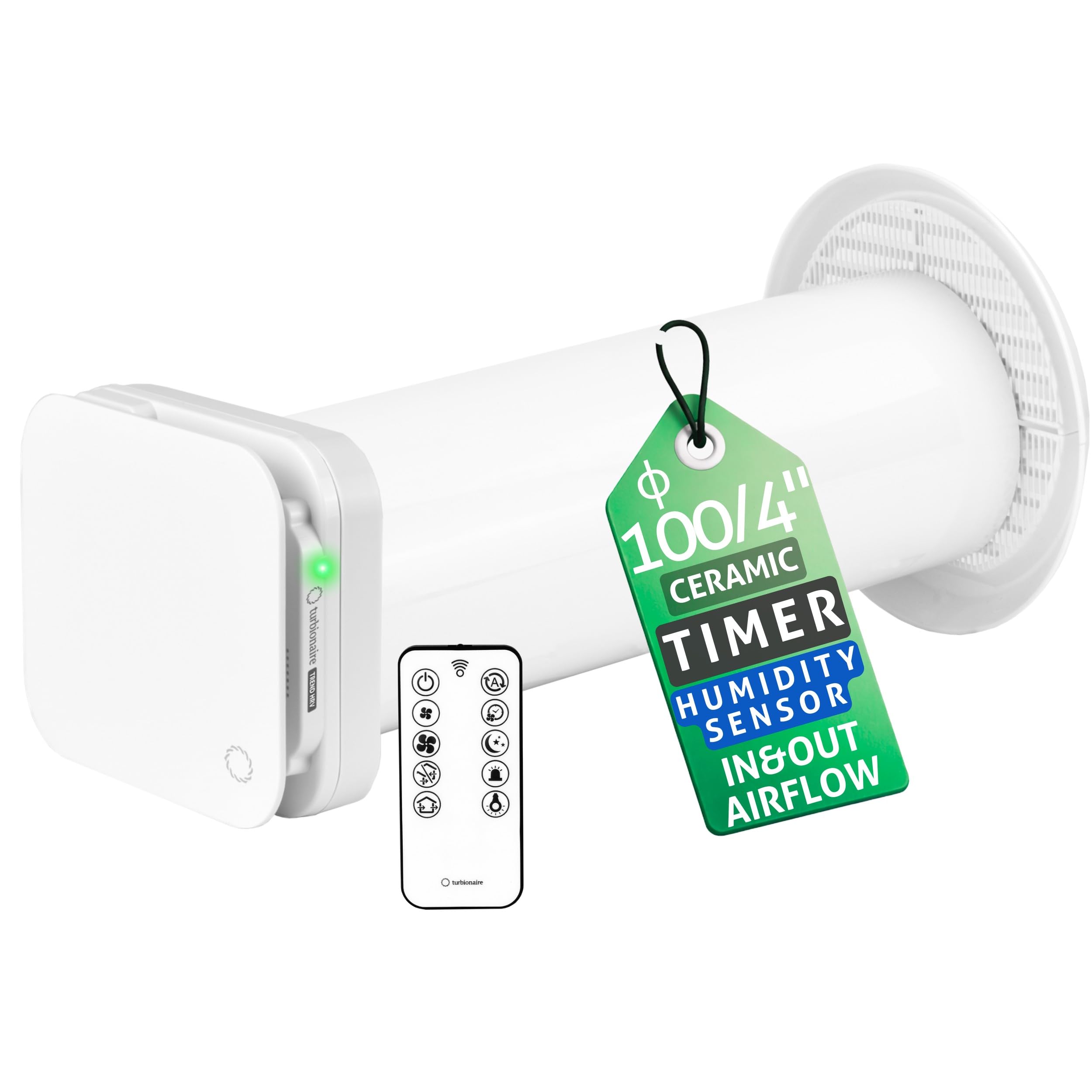 Turbionaire Trend HRV 100 Unita di VMC Decentralizzata a Flusso Alternato, con Recupero di Calore, Sensore di Umidità, Telecomando, Timer, Sleep, 8 Velocità, Silenziosa,100 mm, Garanzia di 3 anni