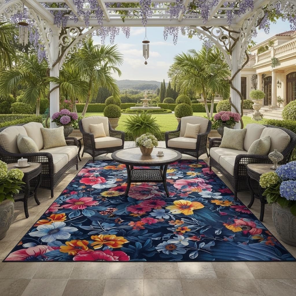 Navy Blue Pink Yellow Vibrant Floral Outdoor Rug Modern Flower Texture Rugs for Patio Deck Porch Balcony Waterproof Non Slip Camping Garden Large Outside Carpet Easy Clean Machine Washable Mat 9x12