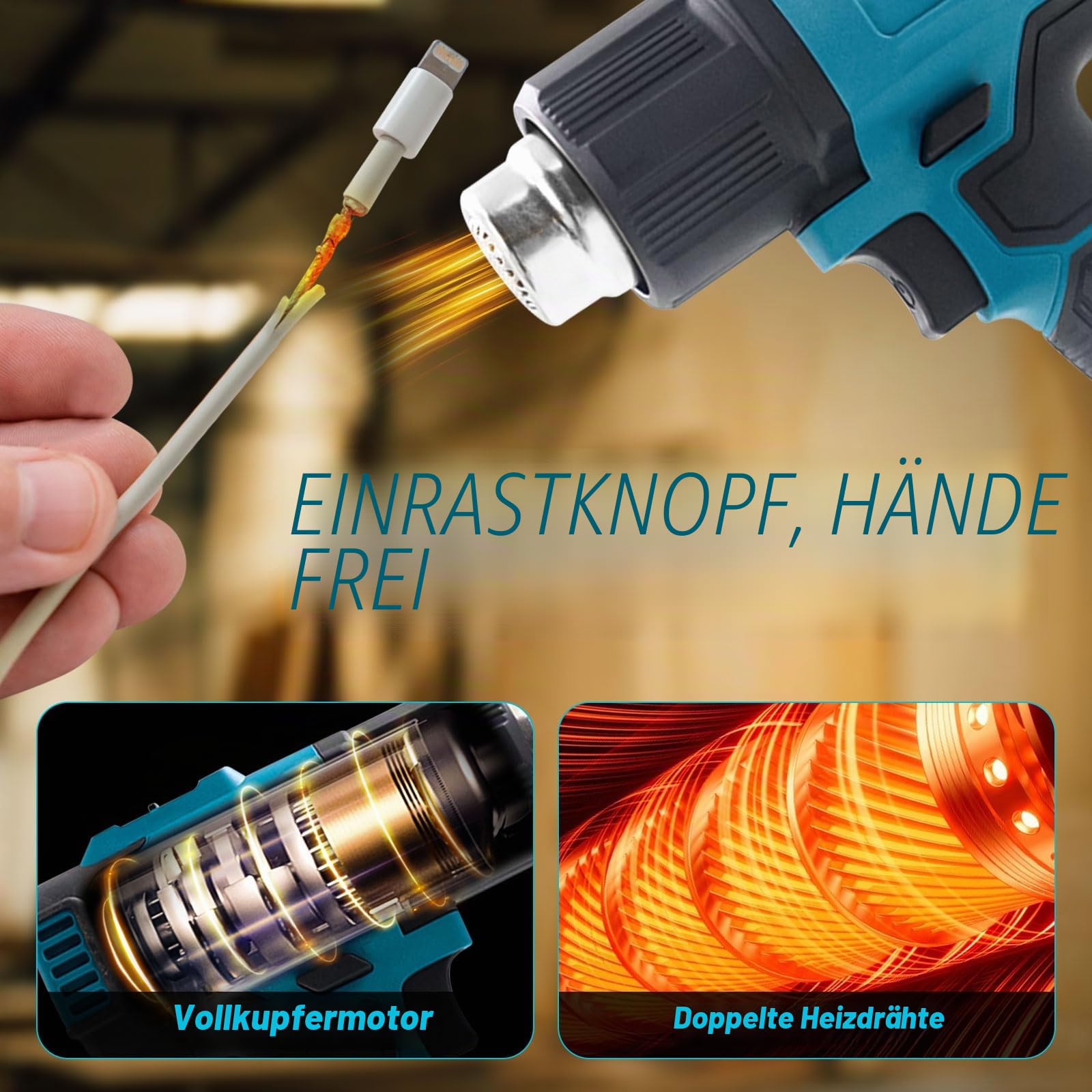 Akku-Heißluftpistole kompatibel mit Makita 18V, Variable Temperaturregelung 50℃-550℃ Elektrische Heißluftfön Schnelle Erwärmung mit LED Anzeige zum Entlacken, Löten mit 5 Düsen(ohne Batterie)
