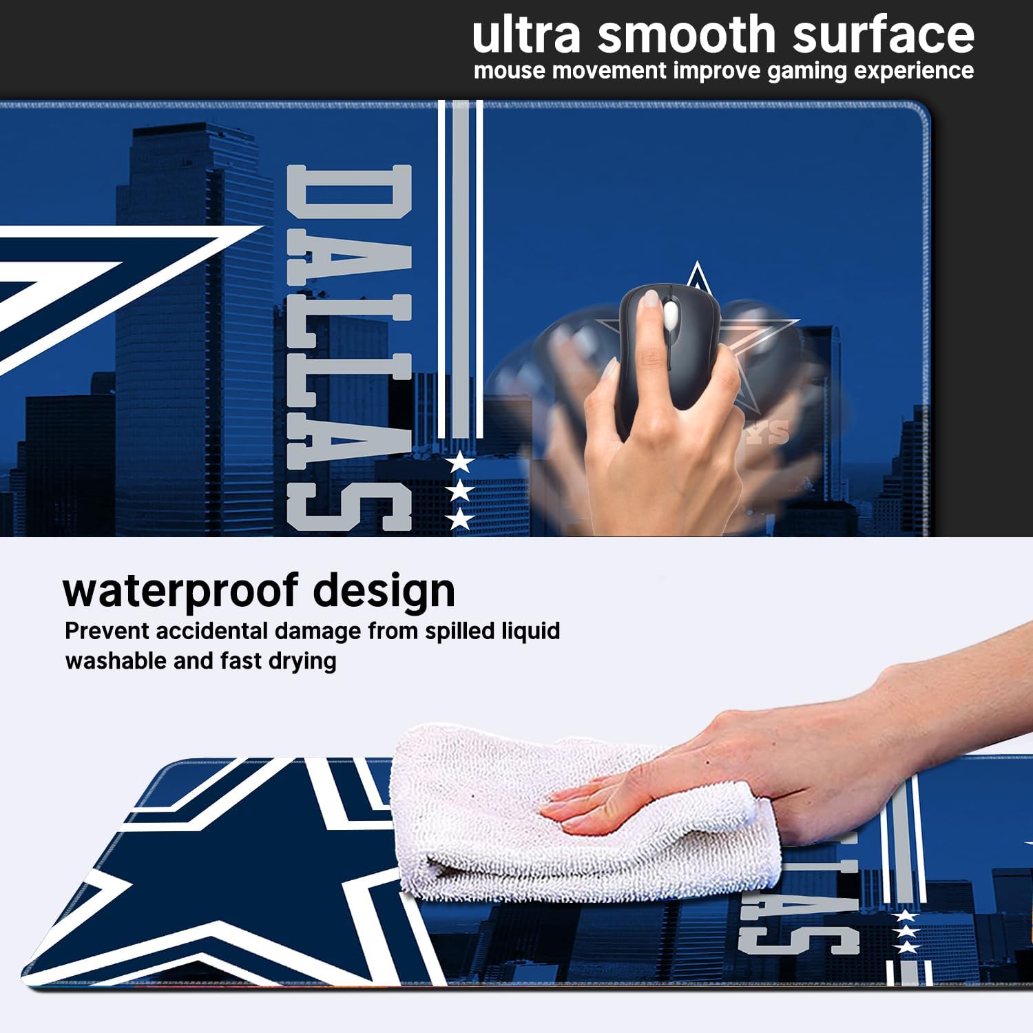 Large Stitched Edges Gaming Mouse Pad,31.5 X 13.8 Inch Mousepad for Laptop Computer Desktop Keyboard,City Design Mat for Football Fans - Blue - Image 6