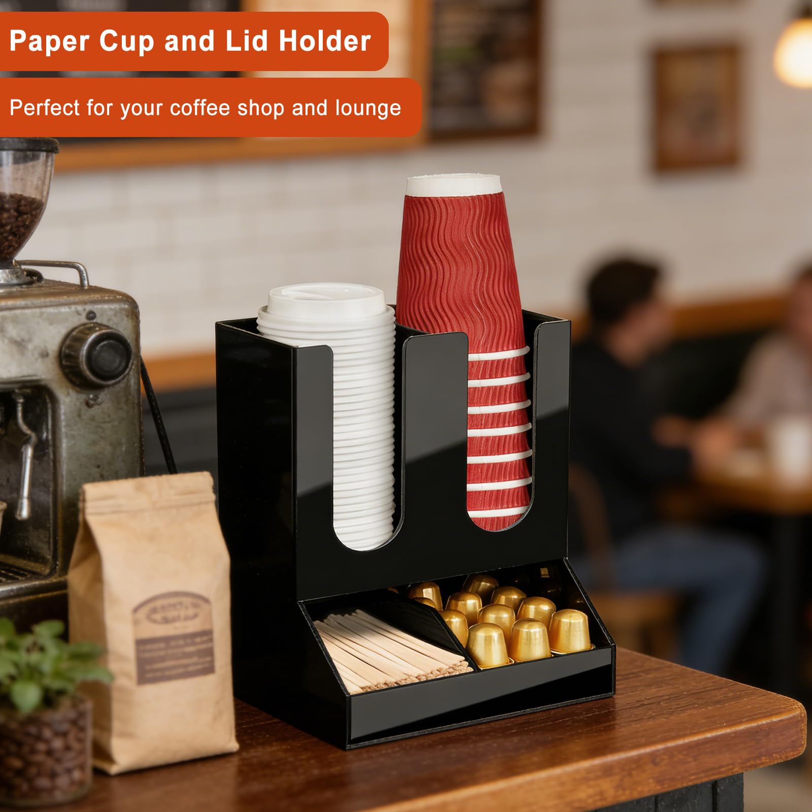 MYITYARD Porta tazze da caffè per piano di lavoro, dispenser per tazze e coperchio, con 4 scomparti, organizer per stazioni di caffè, accessori per bar, per casa, cucina, ufficio e sala pausa