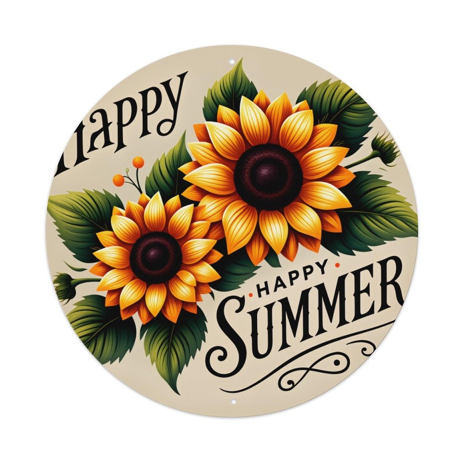 Sunflower Pattern With Green Leaves And Text Round Vintage Tin Sign,Retro Wall Art,Metal Poster for Home, Bar, Garage, Cafe, Rustic Indoor & Outdoor Decor, 8x8 Inches