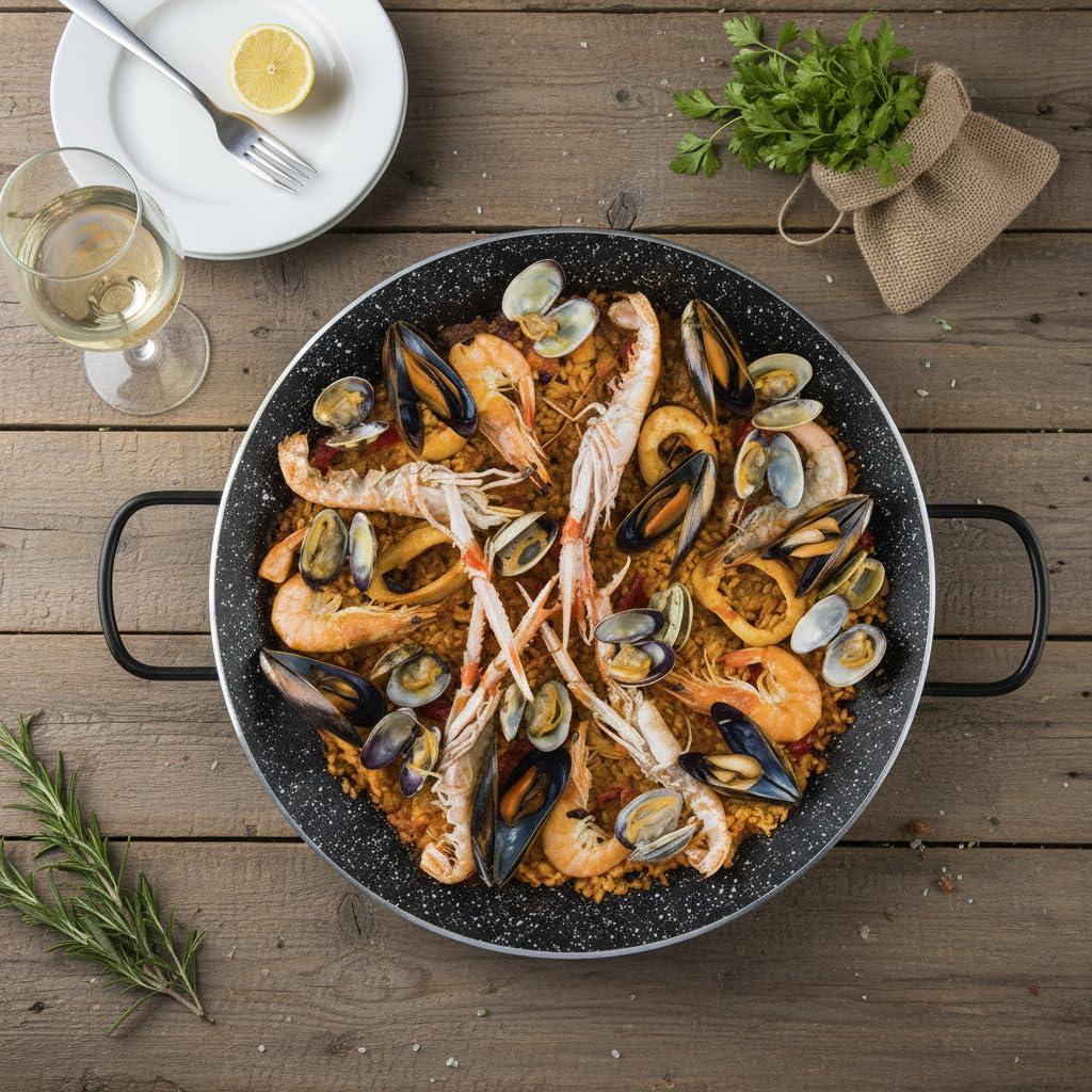 Paellera Aluminio Prensado Antiadherente de piedra para Inducción, Vitroceramica y Fuego, Ecológica Sin PFOA Paella Valenciana Horizon. (46cm - 12 Raciones)