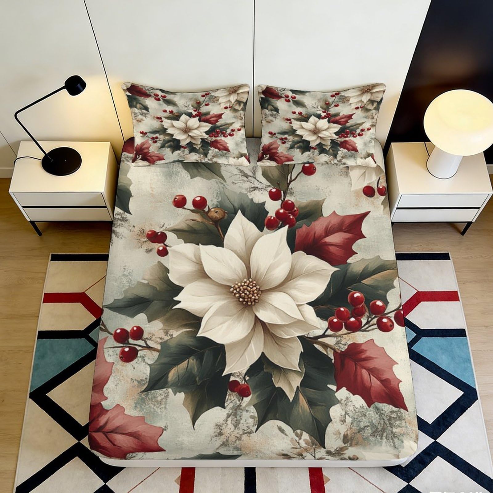 3D Printed White Poinsettia Fitted Sheet Microfiber Soft Red Berry Mattress Cover for Bedroom Dorm Protector 120x200x25cm