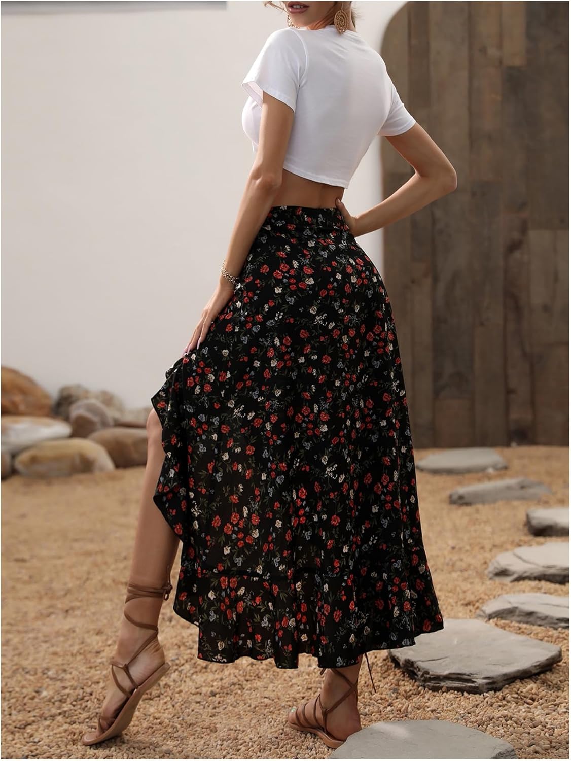 WDIRARA Women's Boho Floral Print Ruffle Maxi Skirt High Waisted Split Long Skirts - Image 2