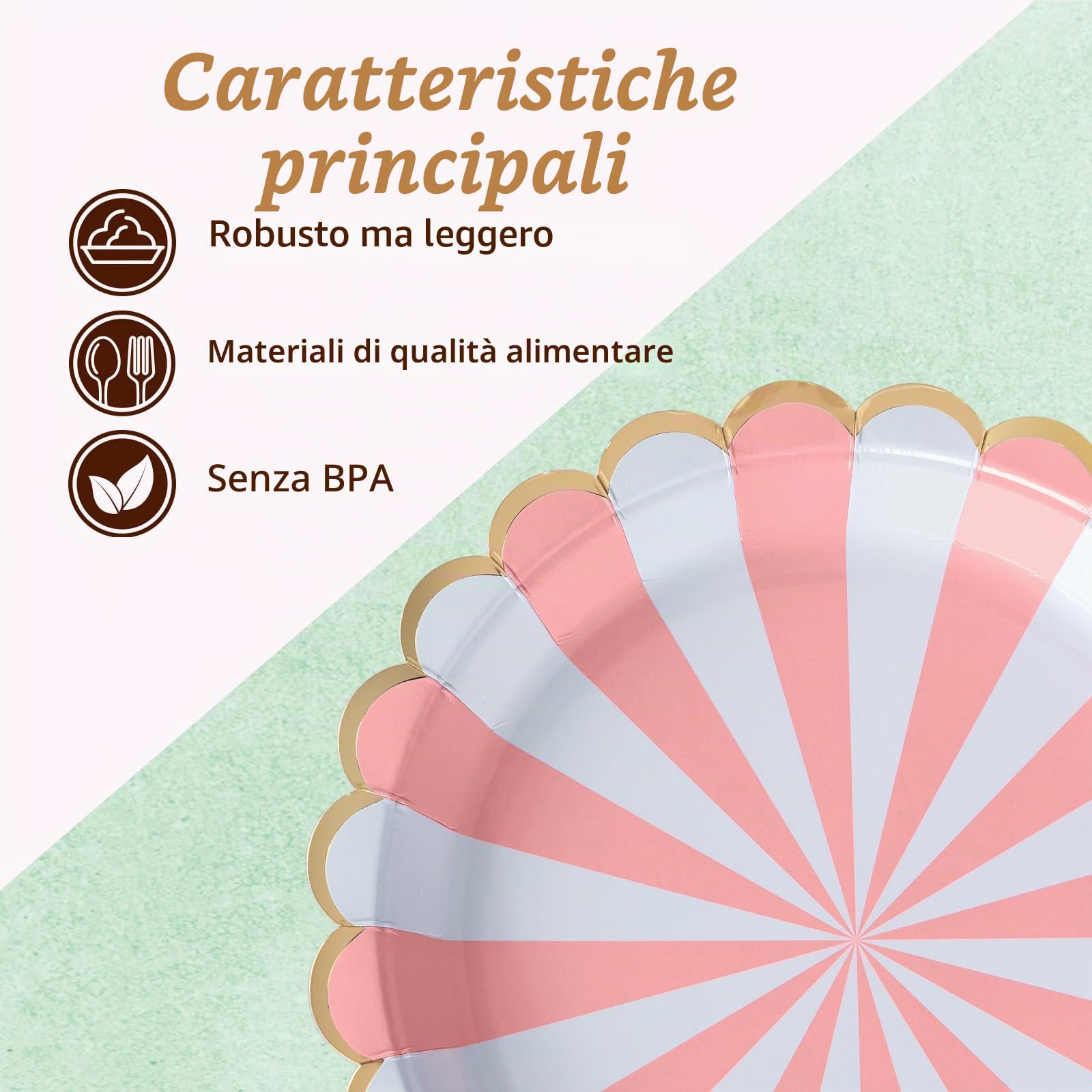 Confettiville Piatti di Carta Artistici, Confezione da 50, Piatti di Carta Usa e Getta, Bordo Scallopato in Foglia d'Oro, Pastello a Strisce, 6 Colori, 23 cm