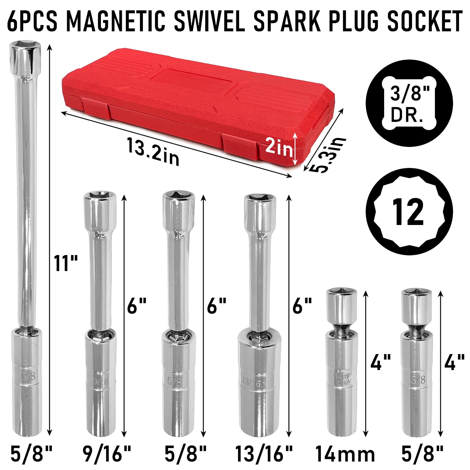 Lot de 6 bougies d'allumage magnétiques pivotantes de 3/8", comprend des bougies d'allumage à paroi mince de 9/16", 5/8", 13/16", 14 mm, à paroi mince avec 12 points, CR-V