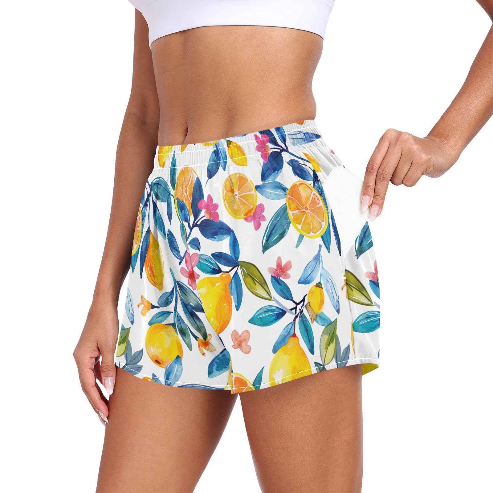 UMIRIKO Women's Athletic Shorts Lemon Running Shorts Sporty Short Gym Elastic Workout Shorts 202b5375