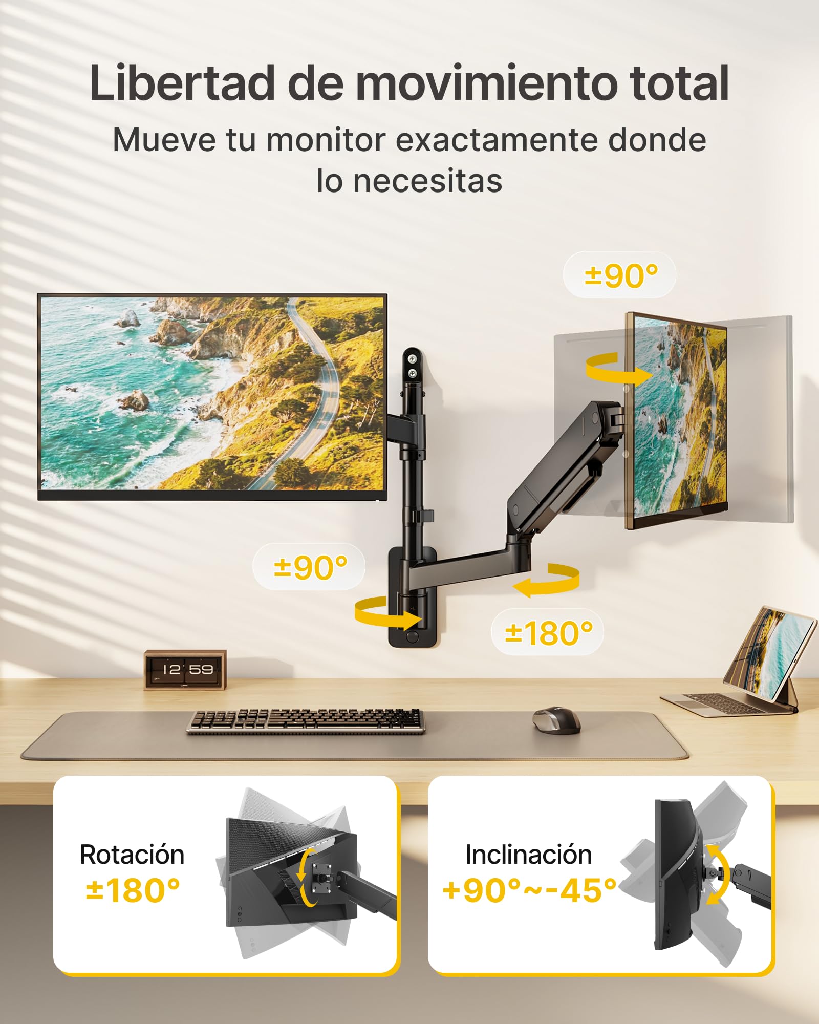 monTEK Soporte de pared para monitor dual para monitores de 17 a 35 pulgadas, carga máxima de 16 kg, brazo de monitor compatible con pantalla plana y curva, soporte de pared articulado para TV