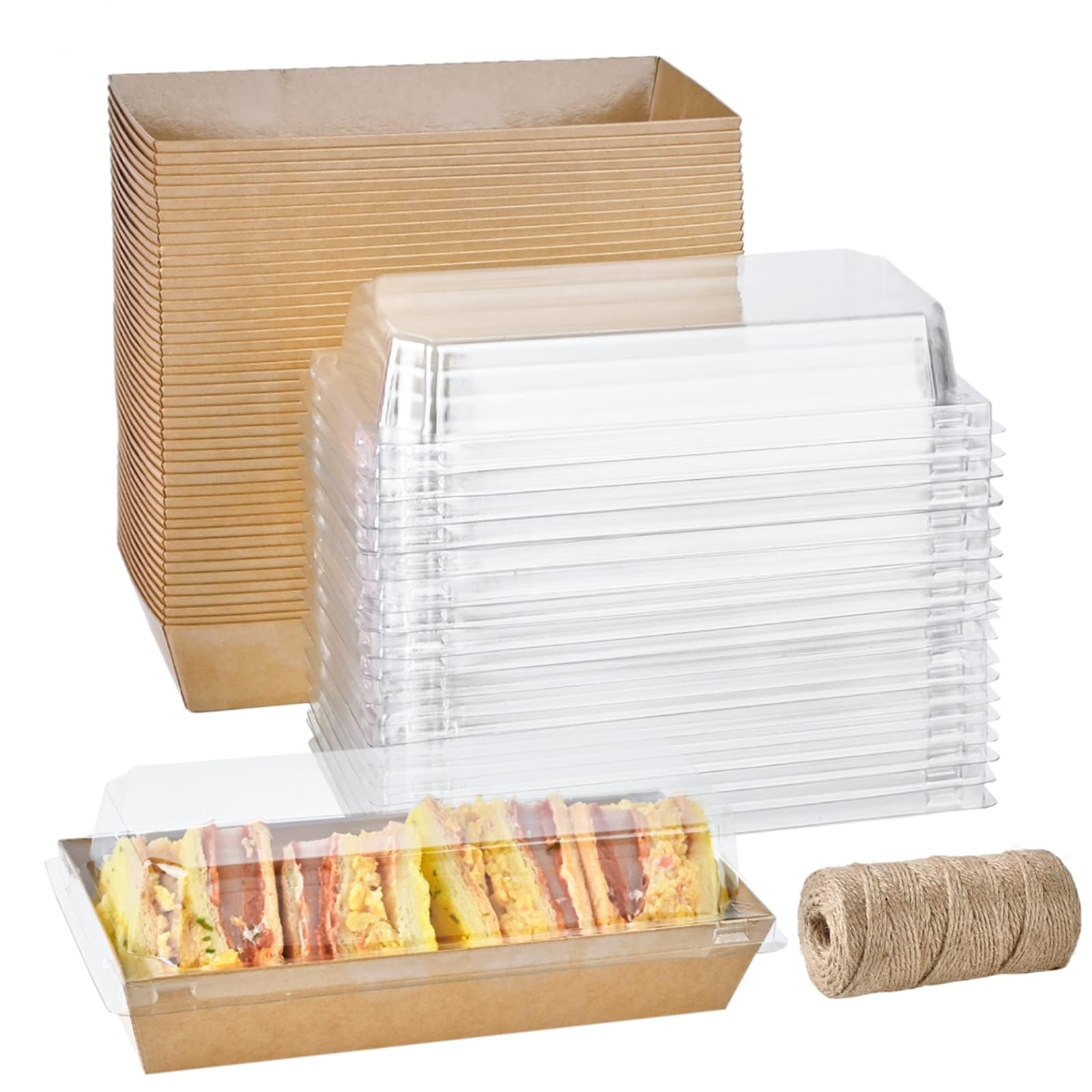 ZORRITA Confezione da 100 scatole di carta con coperchi trasparenti, scatole per sandwich usa e getta rettangolari per alimenti da forno, dolci, fragole, fette di torta e biscotti (marrone)