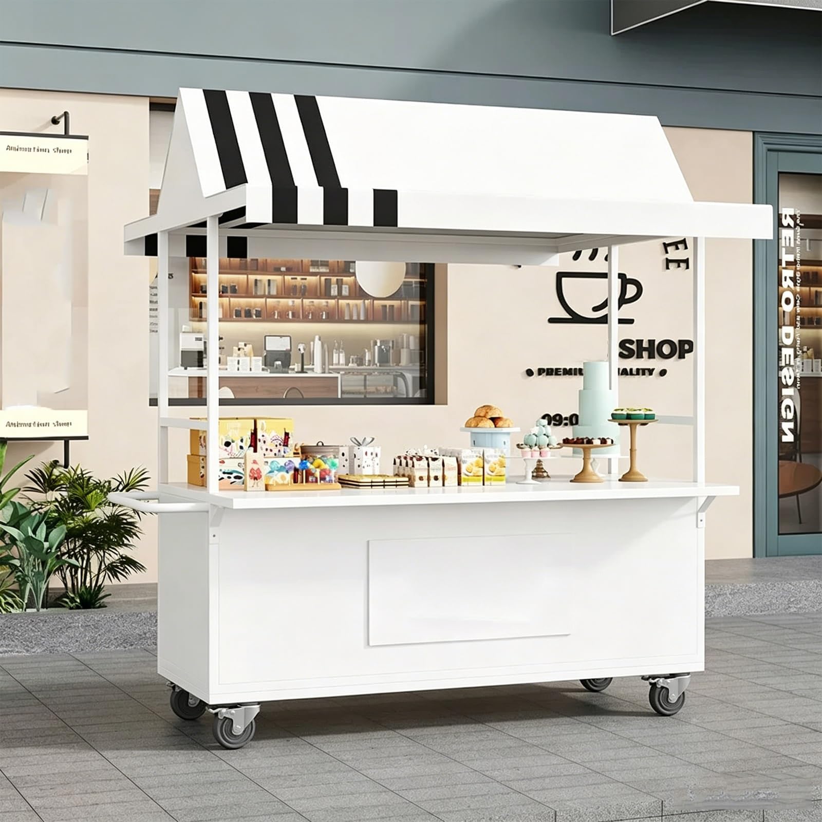Wózek do Sprzedaży Żywności z Blokowanymi Kołami, Stoisko Targowe z Zadaszeniem Tkaniny Oxford do Kiosków na Imprezy Festiwale Targi Rolnicze i Targi(White,100x60x210cm/39x24x83in)