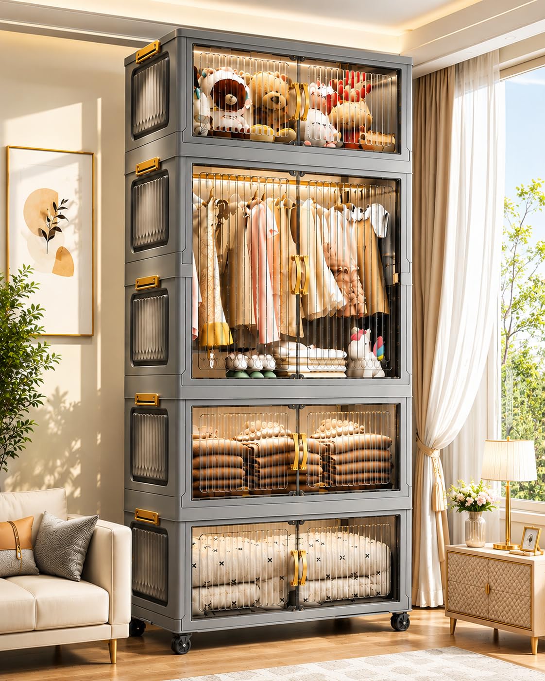 EXVITO Modular Plastic Wardrobe for Bedroom | 3 Tier+1 Bins Foldable Cupboard with Hanging Rod | Stackable Storage Almirah for Clothes with Wheels | Multi-Layer Plastic Storage Cabinet - Grey