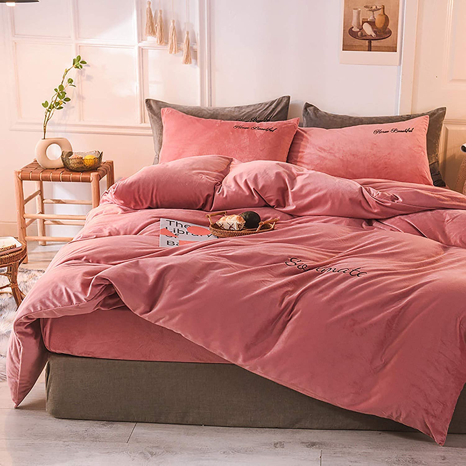 MGEMJMJ Solid Color Winter Warm Comforter Cover With Zipper Closure,Velvet Duvet Cover,Soft Reversible Flannel Quilt Cover(Size:200x230cm(79x91inch),Color:B)