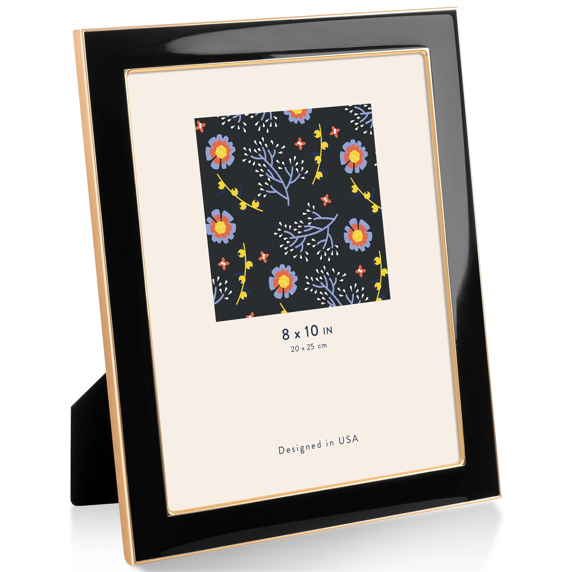 8"x10"(20x25cm) Enamel Picture Frame with Gold Metal Edge, HD Tempered Glass Photo Frame with Velvet Back & Easel Stand for Wall or Tabletop Display Family Office Photo Gallery, Black