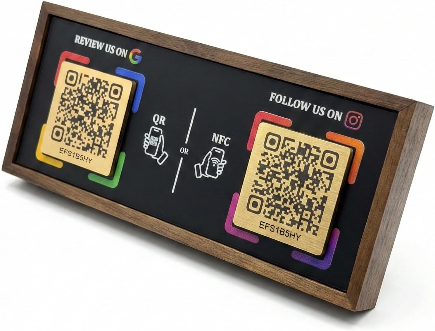 Dual Social Media Walnut Stand with NFC & QR Code - Compatible with Google Review Page & Instagram, No App Needed for Setup or Use, One-Time Purchase, Lifetime Promotional Desktop Decor for Business