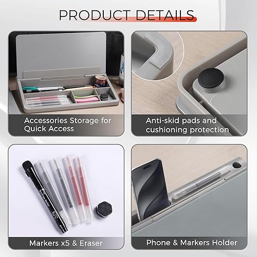 Miniatura 3 de TOWON Pizarra blanca pequeña y compacta de vidrio con almacenamiento, pizarra de borrado en seco de 12 x 7 pulgadas para escritorio, oficina en