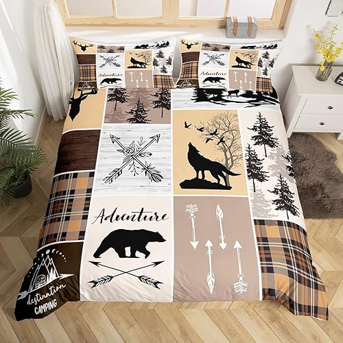 Miniatura 9 de Juego de funda de edredón para niños de aventura de camping, tamaño matrimonial, juego de ropa de cama de caza de ciervos, osos, lobo, animales