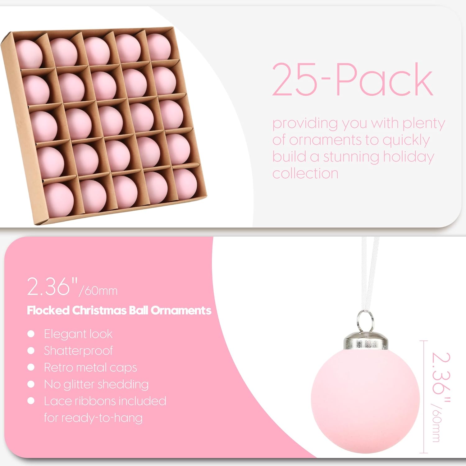 sea team 25-pack flocked velvet christmas tree ball ornaments set, hanging velour baubles, shatterproof plastic decorations for xmas tree, wreath, garland, 60mm/2.36 inches, pink 60mm/2.36\"/25-pack pink