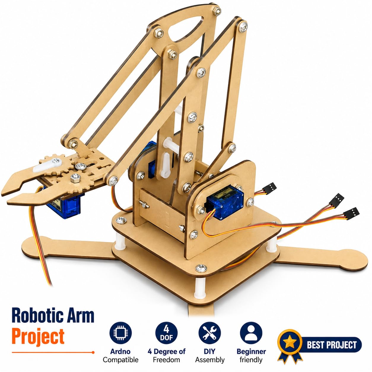 Kit4Curious 4 DOF servo Controlled Robotic arm with Gripper Complete kit with 4 servo Assembled