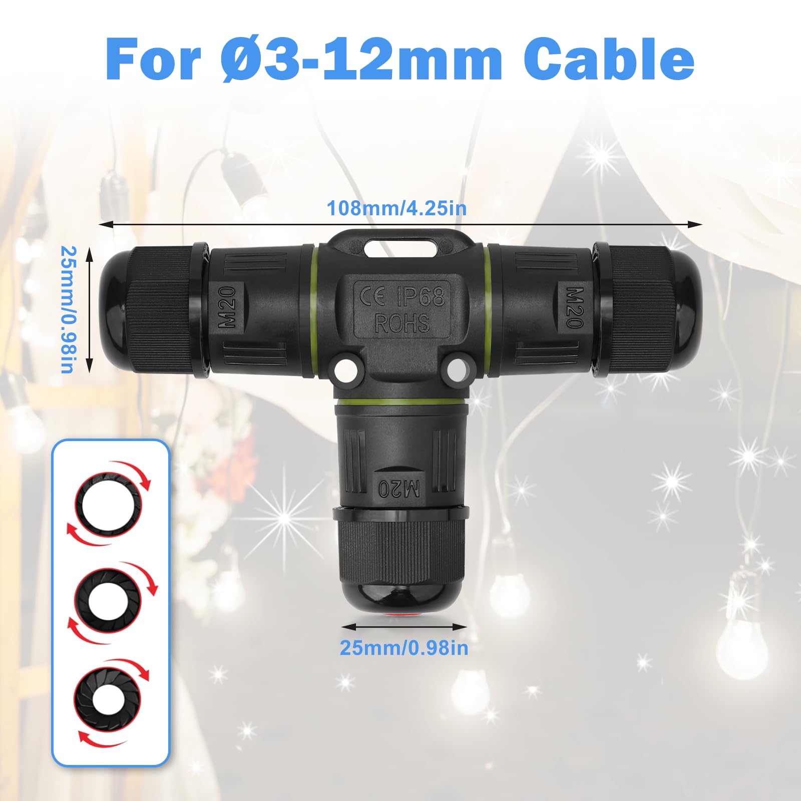 3 Pieces Junction Box, Waterproof T-shaped Cable Connector, 3 Way Outdoor Cable Protector for Diameter 3-12 mm Cable, with a Screwdriver - Image 3