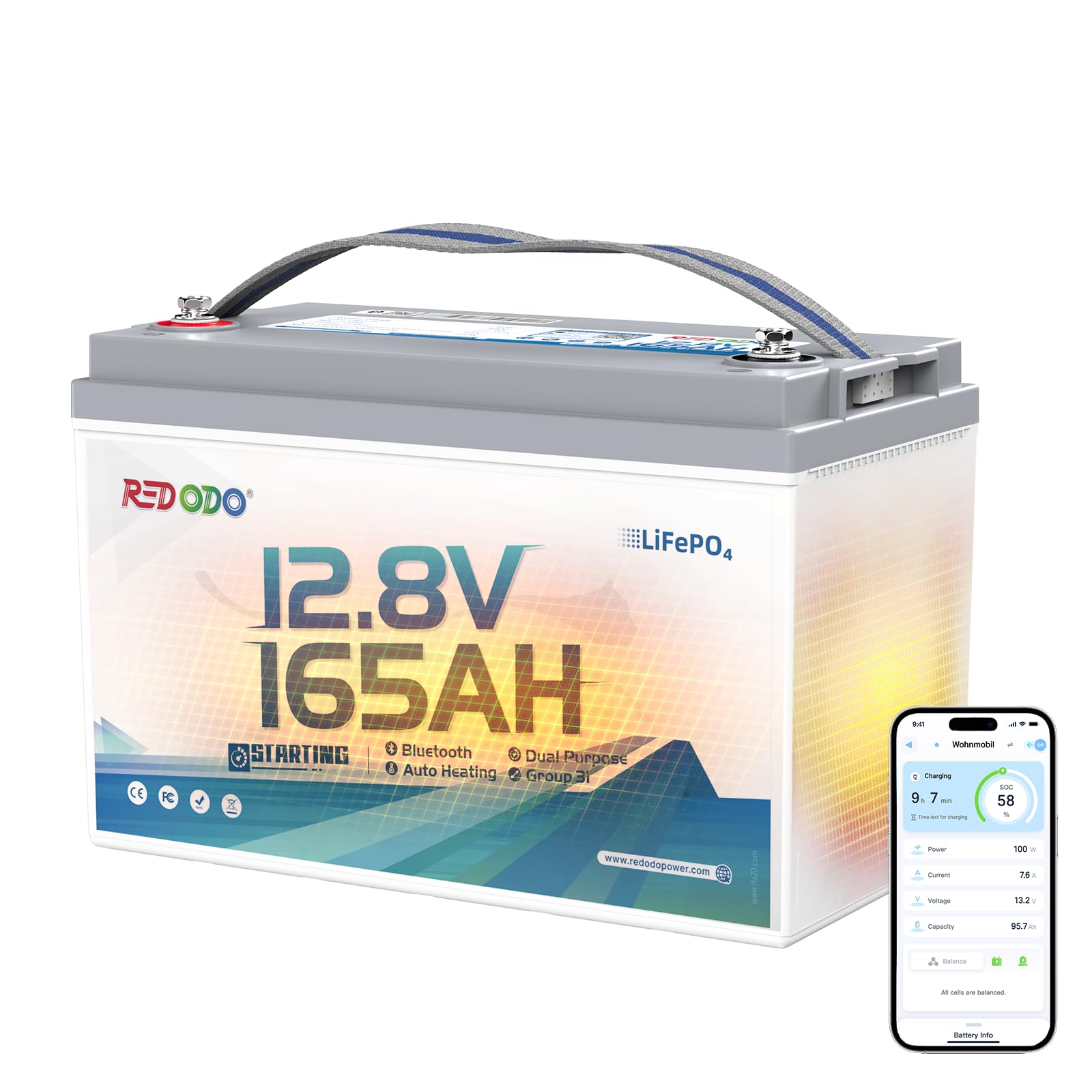 Redodo 12V Dual Purpose Lithium Mattery Battery 165Ah, Group 31