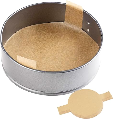 Vista 6 de 100 piezas de papel pergamino para hornear, revestimiento redondo de 9 pulgadas para moldes para pasteles con pestaña de elevación, pergamino