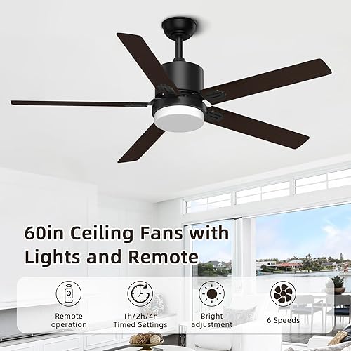 Miniatura 2 de Jayjuly Ventiladores de techo con luces y control remoto, ventilador negro de 60 pulgadas para exteriores con control remoto para patio, dormitorio,