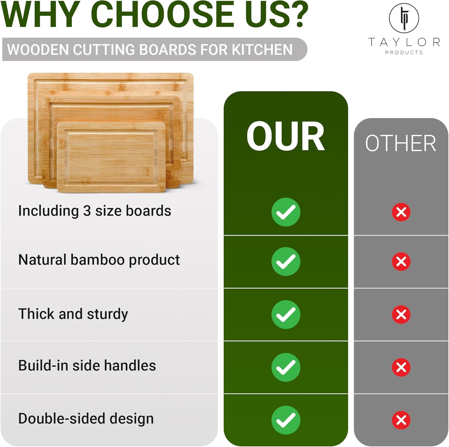 Natural Bamboo Cutting Boards Set of 3 for Kitchen & Serving - Charcuterie Serving Board, Plastic Free