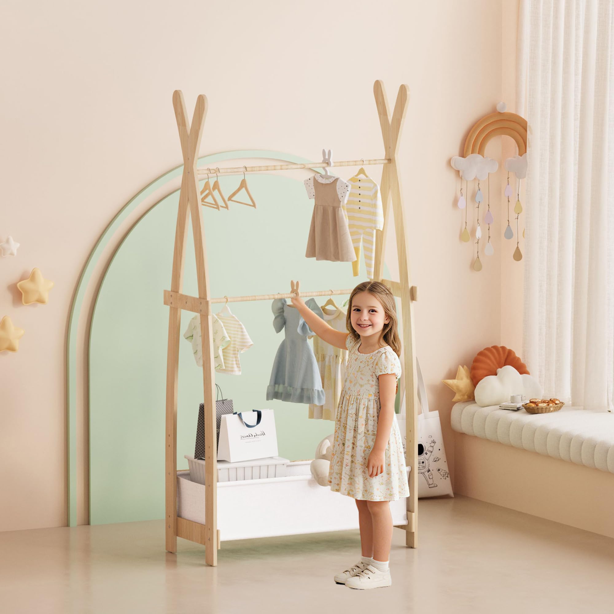 KEEPREAPER Kinder Kleiderständer Holz, Garderobenständer mit Aufbewahrungskiste und Kleiderstange, Kindergarderobe für Kinderzimmer, Mädchen (82 x 43 x 180cm)