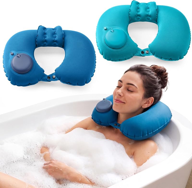 Colingmill Almofadas de Banho Infláveis U para Cabeça e Pescoço, Azul-Pavão e Azul-Royal, Pacote com 2