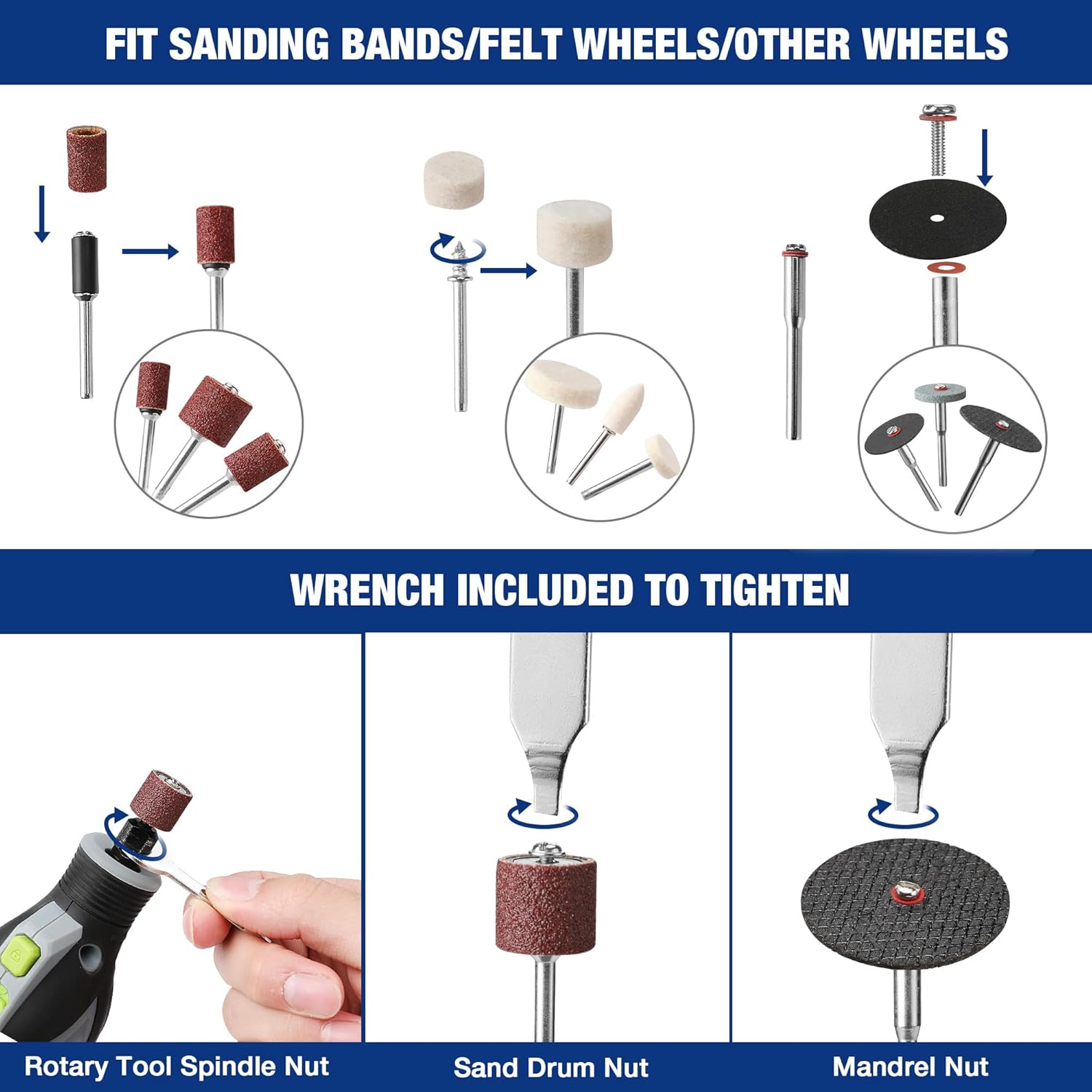 Diagrams showing how to fit sanding bands, felt wheels, and other wheels onto mandrels and how to use the wrench to tighten the rotary tool spindle nut, sand drum nut, and mandrel nut.