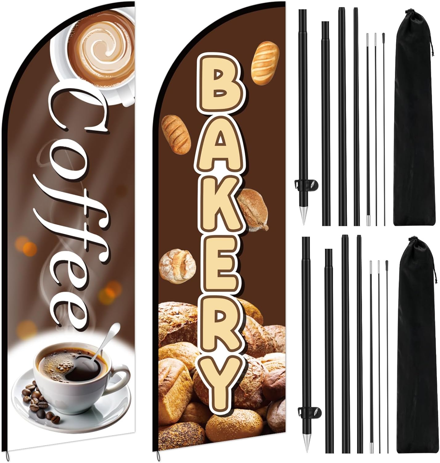 Mindsoft Set of 2 Coffee and Bakery Feather Flag Pole Kit, 8.2 Ft Tall Coffee Advertising Flags Bread Swooper Feather Banner with Pole Kit and Ground Stake for Baking Shop Outdoor Advertising