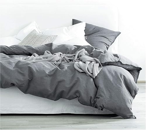 Eikei - Juego de funda de edredón de chambray de algodón lavado, color sólido, estilo casual moderno, aspecto natural arrugado, sensación suave