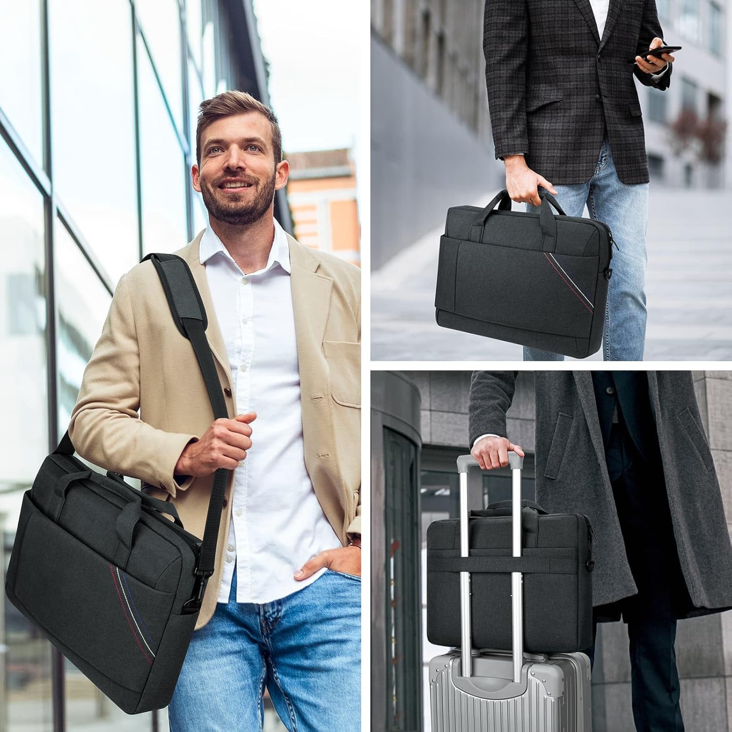 15.6 Inch Laptop Shoulder Bag for Man Work Briefcase Slim Computer Carrying Case Handbag with Shoulder Strap, Black Grey - Image 2