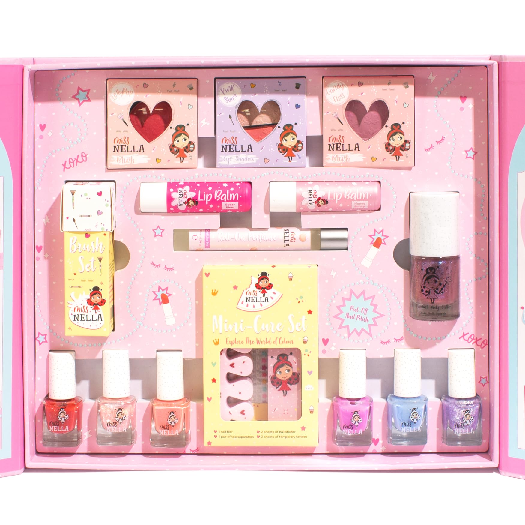 Miss Nella Sparkle & Glow Studio, Ungiftiges Kinder-Kosmetikset mit Peel-Off Nagellack, Lipbalm, Glitzer, 29 x 25 x 4 cm