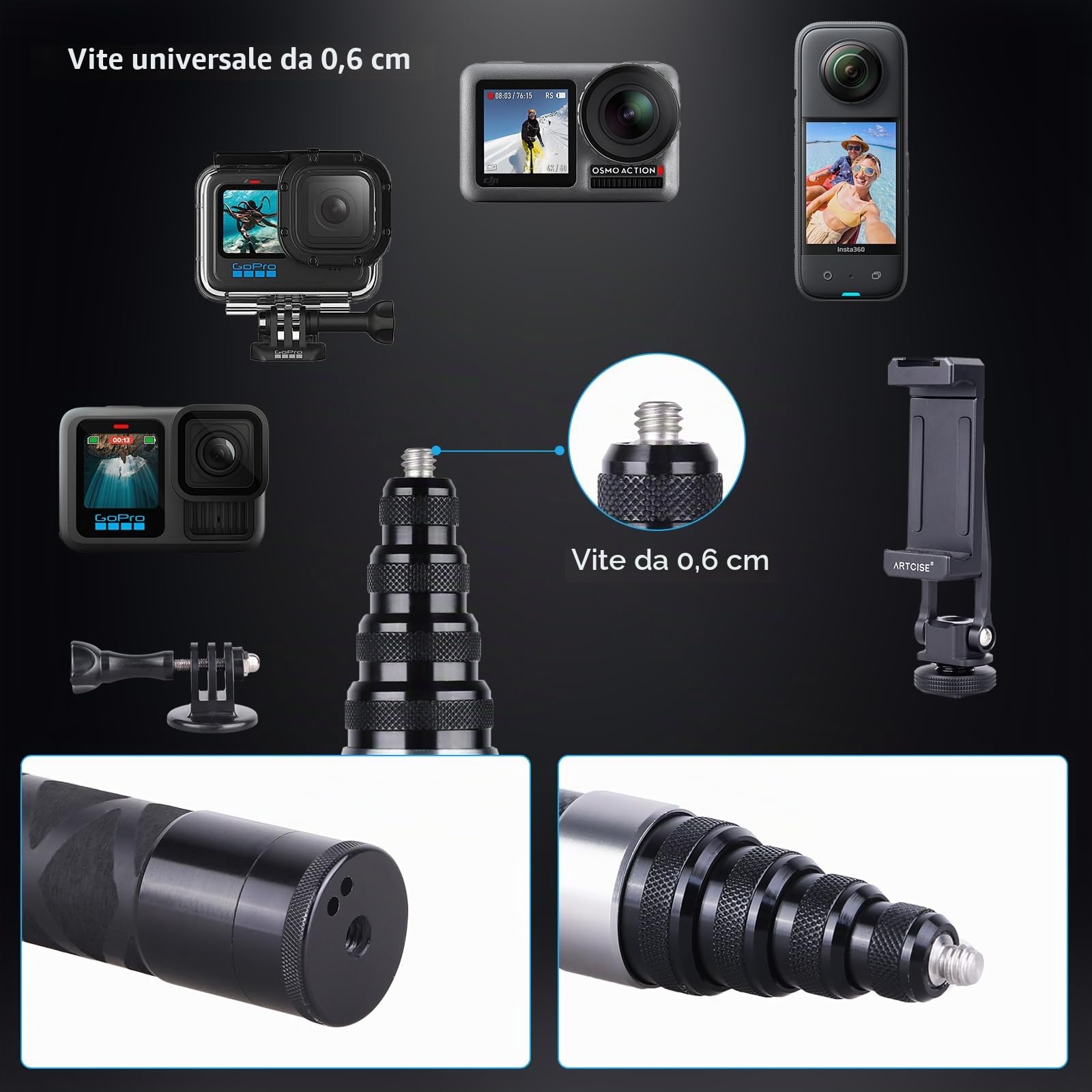 ARTCISE Bastone per selfie in fibra di carbonio da 270 cm ER270 - Asta di prolunga monopiede per fotocamera GoPro Hero, GoPro, per DJI Osmo Action, per fotocamera