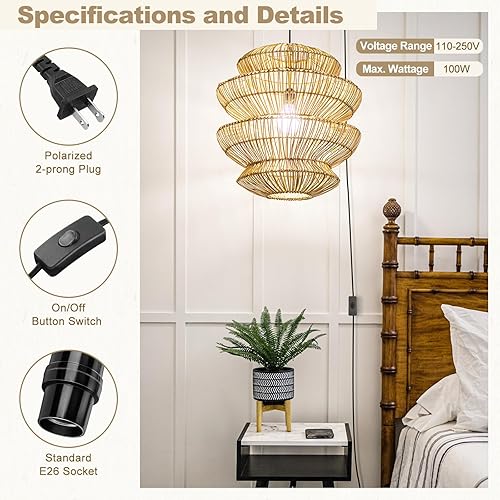 Miniatura 3 de DiCUNO Cable de extensión de linterna colgante, lámpara de control de interruptor de cable en línea E26, interruptor cerca de enchufe polarizado, 20