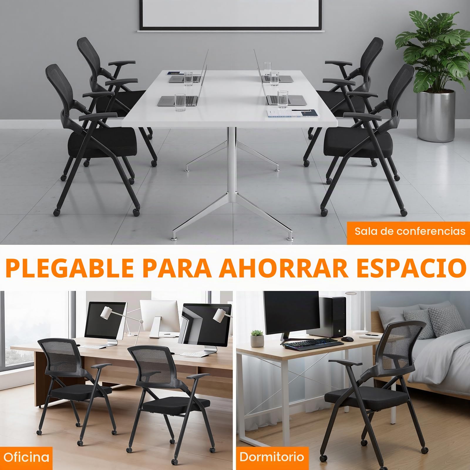 Silla de oficina plegable, respaldo ergonómico de malla con ruedas de PU y reposabrazos lisos, silla de invitados apilable para sala de conferencias, reuniones, recepción, color negro