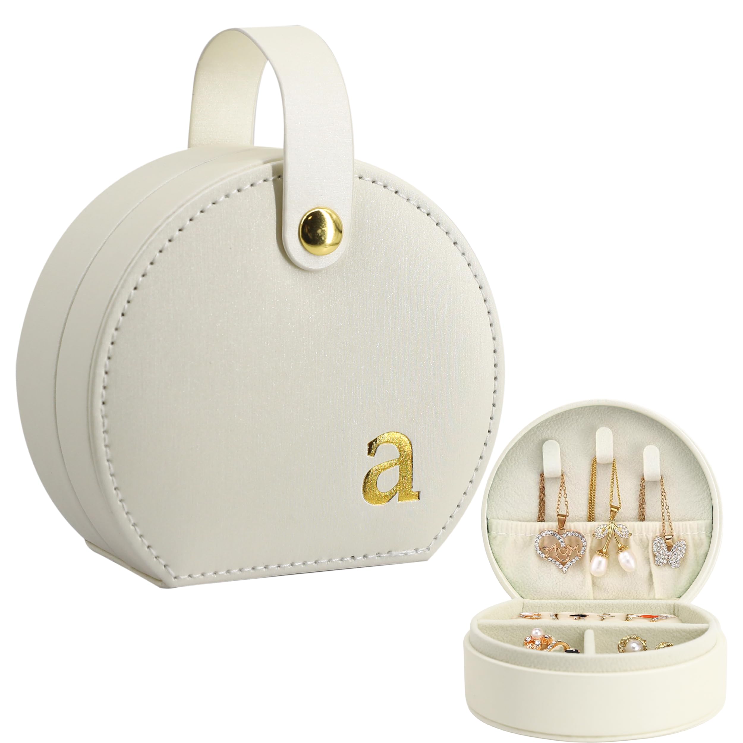 COLLECTIVE HOMECOLLECTIVE HOME - Travel Jewelry Case, Elegant Half-Moon Design with Gold Monogram, Detachable Handle, Personalized Accessory Organizer, Gift for Fashion-Forward Women and Teens (a)