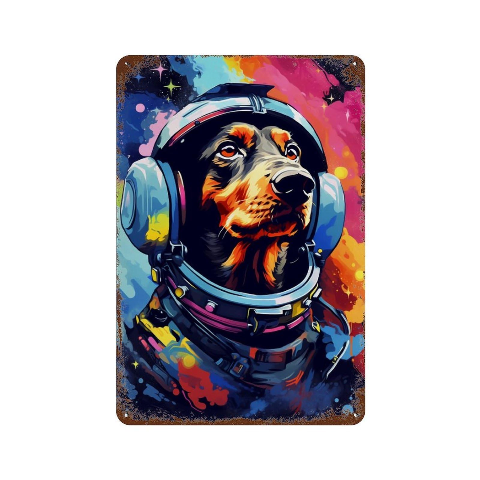 Space Dog Adventure -68 Distressed Metal Wall Sign 11.8"x7.9", Rustic Home Decor for Living Room, Hallway And Home Decor