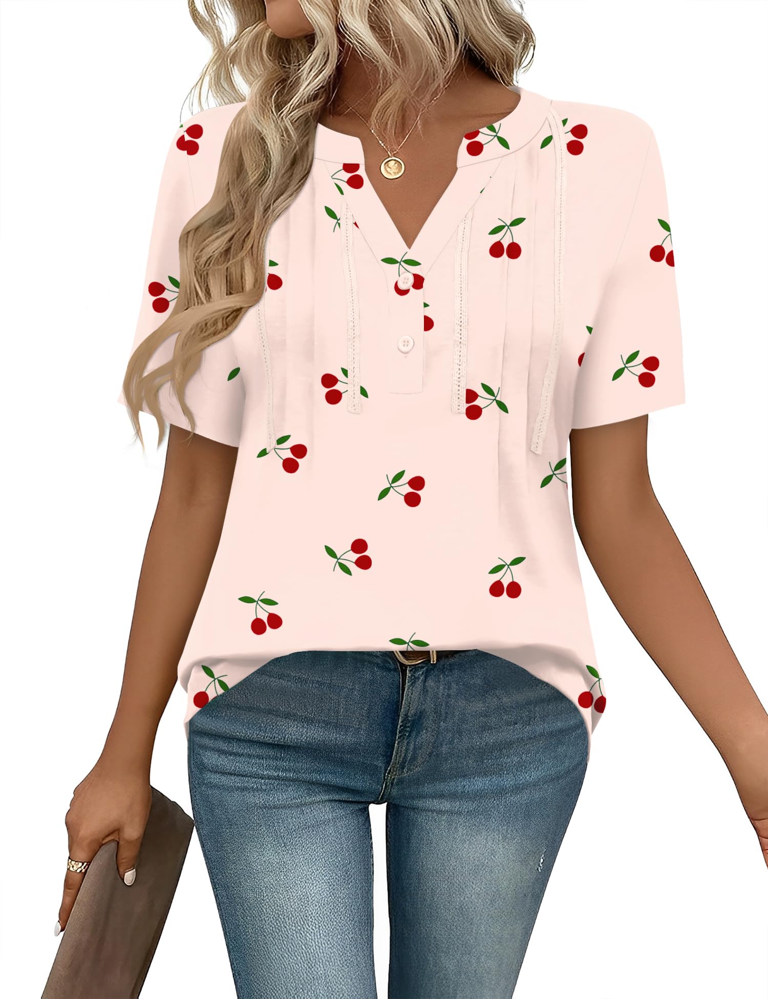 IECCP Bluse Damen Kurzarm Tunika V Ausschnitt Plissiert Oberteile Lässig Blumen T Shirt Sommer Top